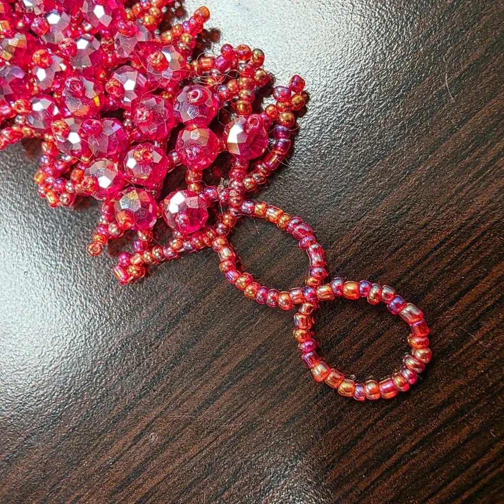Handmade Magenta Red Beaded Cuff Bracelet Faceted Glass Seed Bead Statement 7.5